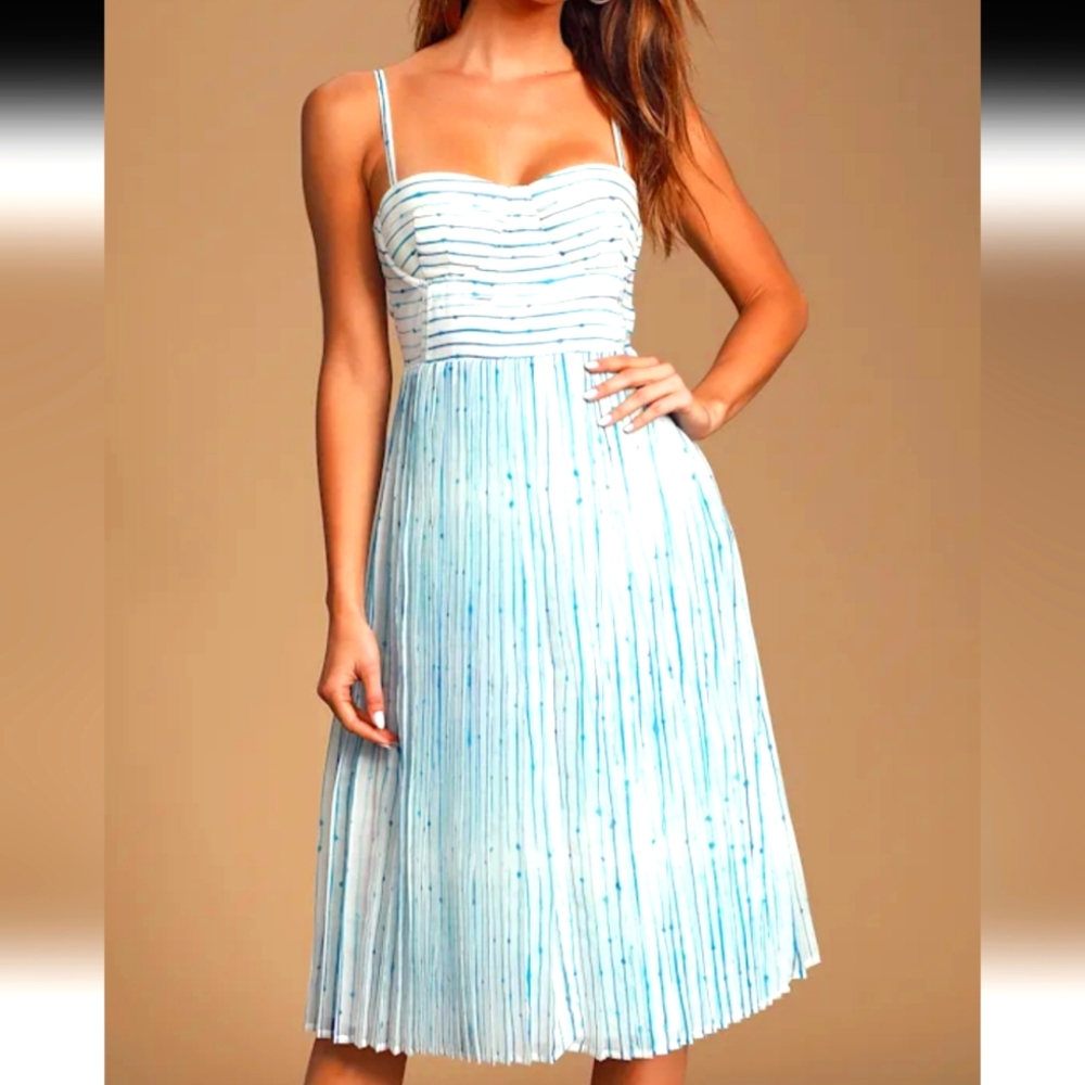 Lulu's Summer in Santorini White and Blue Striped Midi Dress Sz XS New Tags